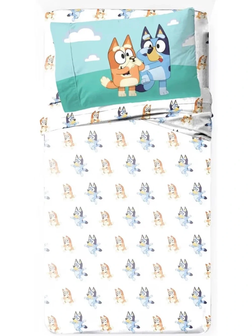 Bluey-Inspired Kids Twin Sheet Set in Aqua and White